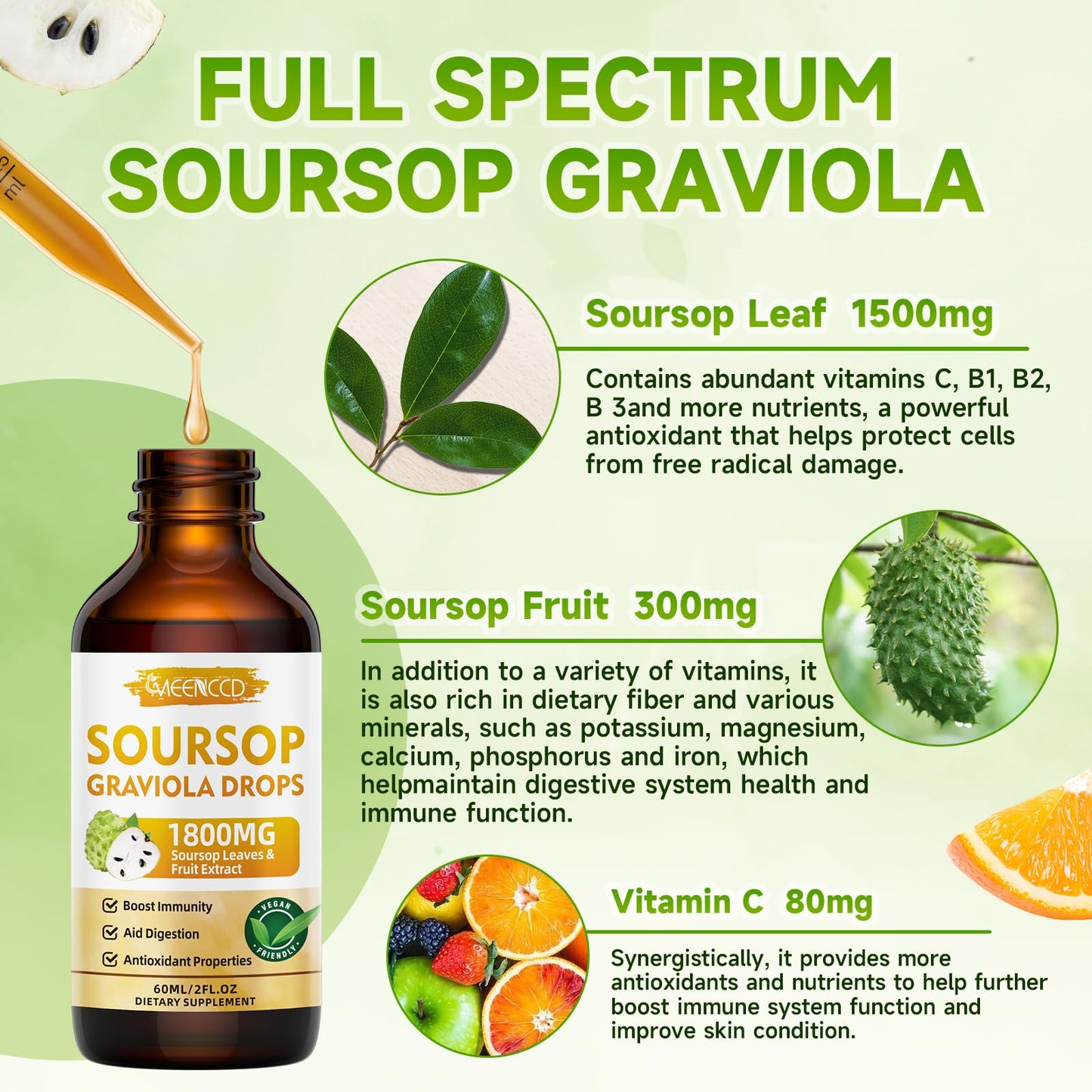 MEENCCD Soursop Graviola Liquid Drops 1800mg – Immune Support, Antioxidant, Orange Flavor, 2 fl oz