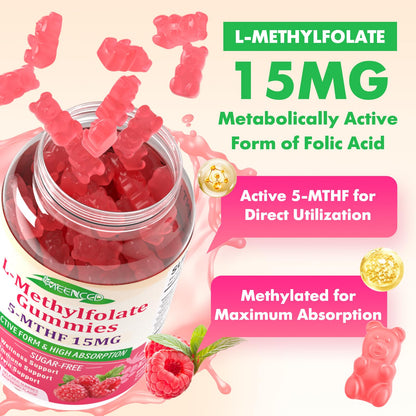 MEENCCD L-Methylfolate 15mg Gummies – 5-MTHF for Brain Health & Immunity (Vegan Raspberry, 60 Count)