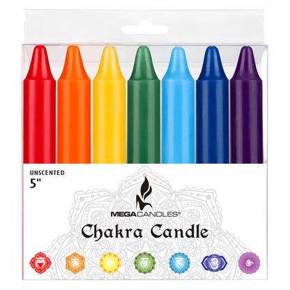 Mega Candles 7-Piece Unscented Chakra Taper Candles | Hand-Poured, 5in x 3/4in
