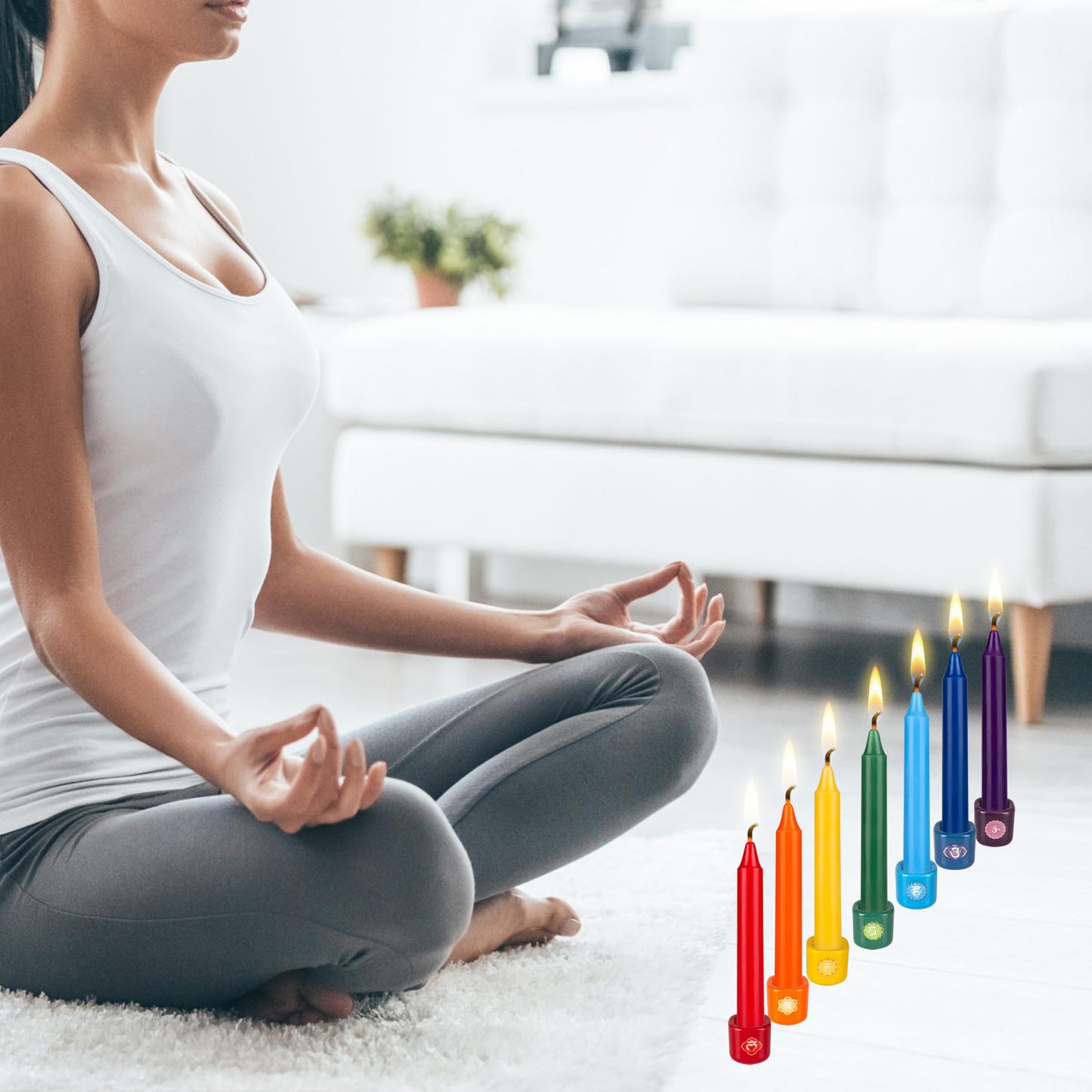 Mega Candles 7-Piece Unscented Chakra Taper Candles | Hand-Poured, 5in x 3/4in