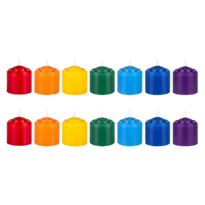 Mega Candles 14-Pcs Unscented Chakra Votive Candles — Hand-Poured, 10-Hour Burn, 1.38x1.5 in, 100% Cotton Wicks