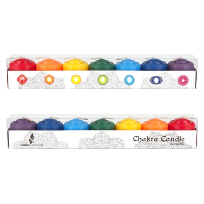 Mega Candles 14-Pcs Unscented Chakra Votive Candles — Hand-Poured, 10-Hour Burn, 1.38x1.5 in, 100% Cotton Wicks