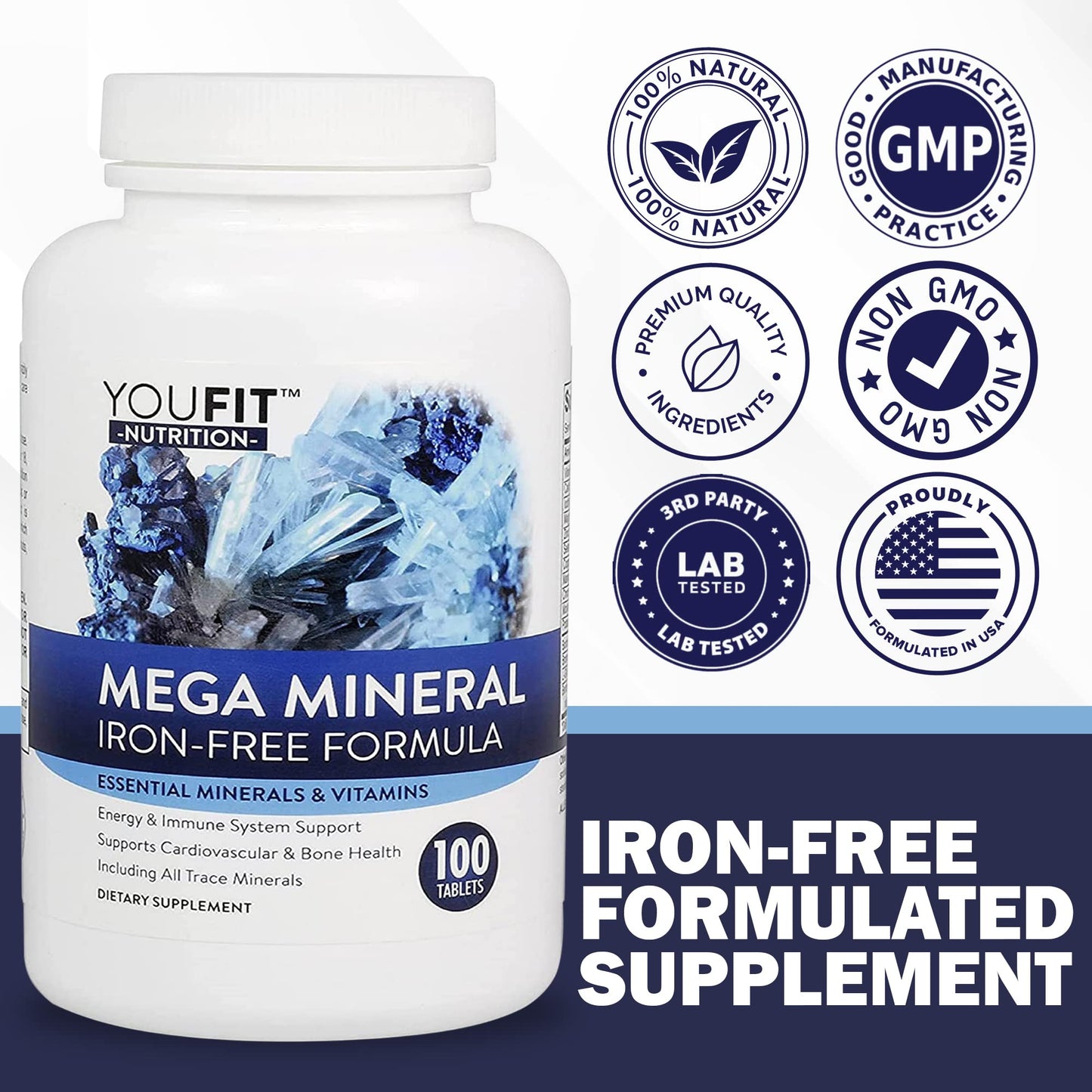 Mega Minerals Supplement by Youfit Nutrition - 72 Trace Minerals, Iron Free