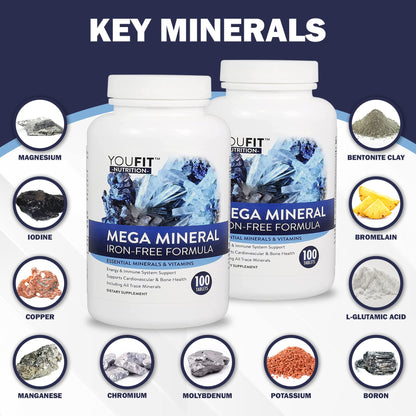 Mega Minerals Supplement by Youfit Nutrition - 72 Trace Minerals, Iron Free