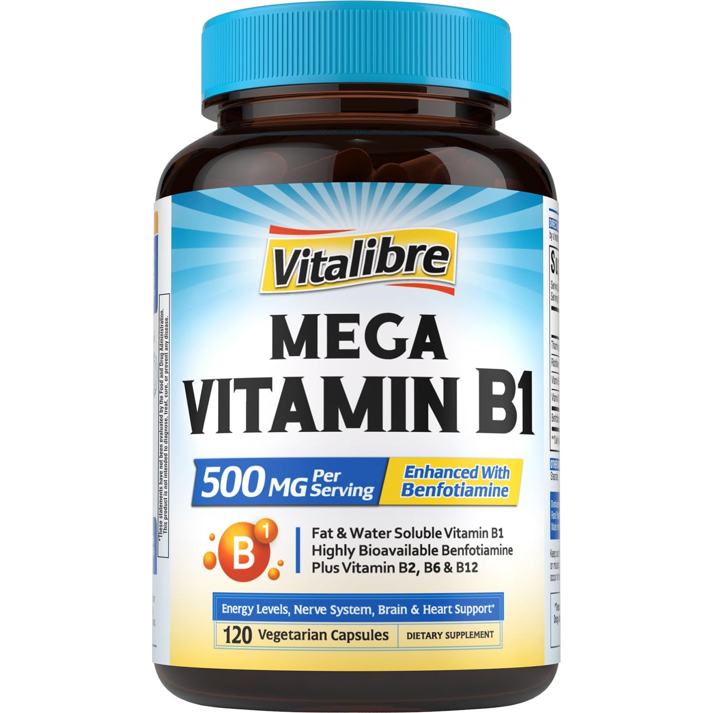 Mega Vitamin B1 500 mg with Benfotiamine – Vegan B-Complex (B1/B2/B6/B12) 120 Capsules