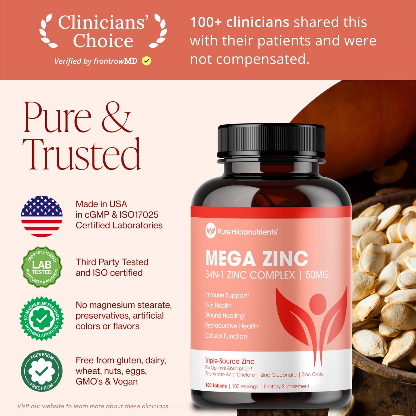 Mega Zinc Supplement 50mg - 3-in-1 Zinc Complex, 100 Tablets | Pure Micronutrients