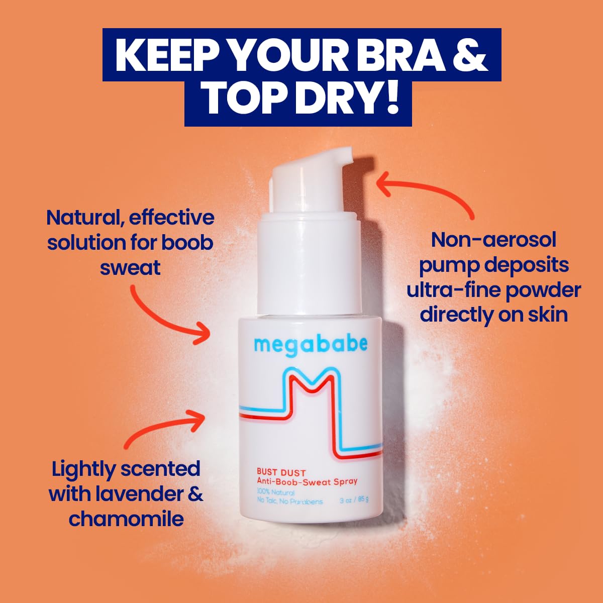 Megababe Bust Dust - Talc-Free Sweat-Absorbing Body Powder with Pump