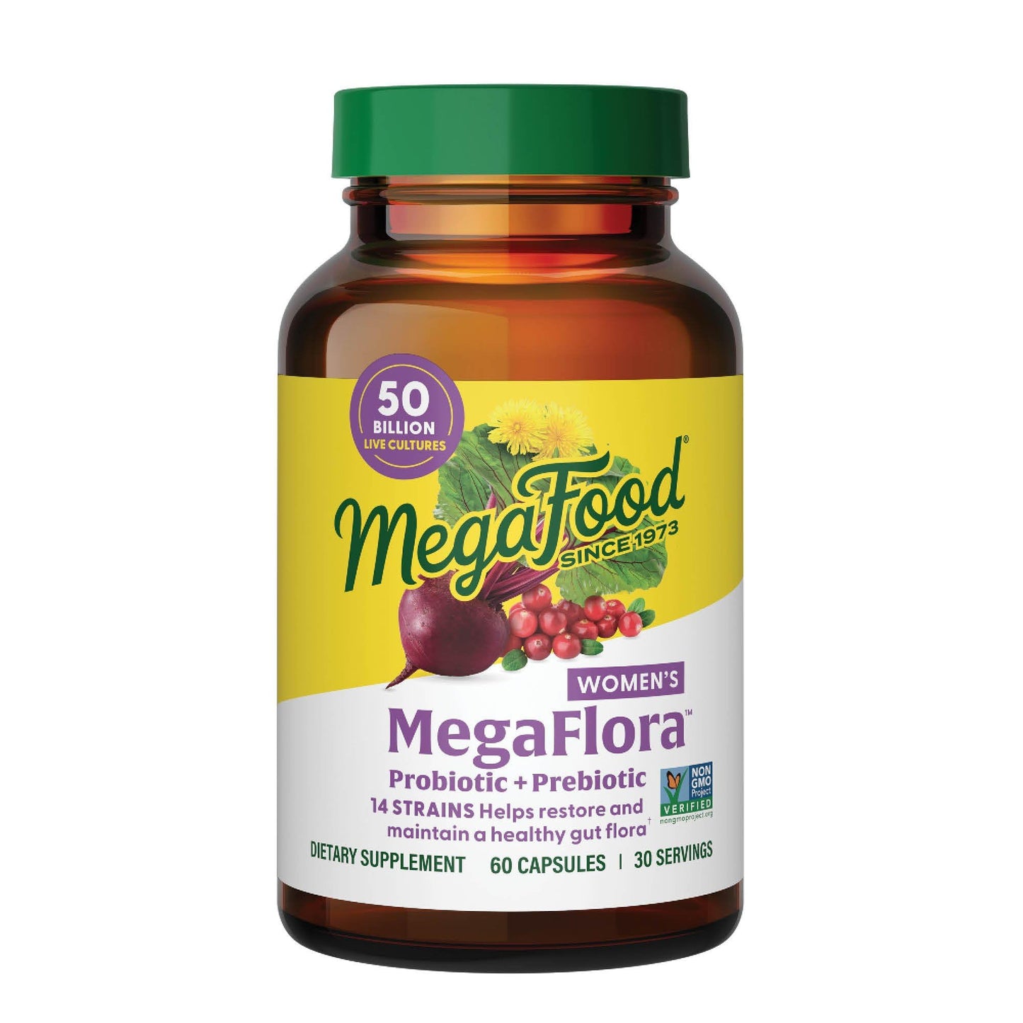 MegaFood MegaFlora Probiotics for Women – 50B CFU, 14 Strains, Cranberry, 60 Capsules