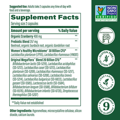 MegaFood MegaFlora Probiotics for Women – 50B CFU, 14 Strains, Cranberry, 60 Capsules