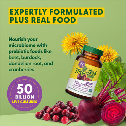 MegaFood MegaFlora Probiotics for Women – 50B CFU, 14 Strains, Cranberry, 60 Capsules