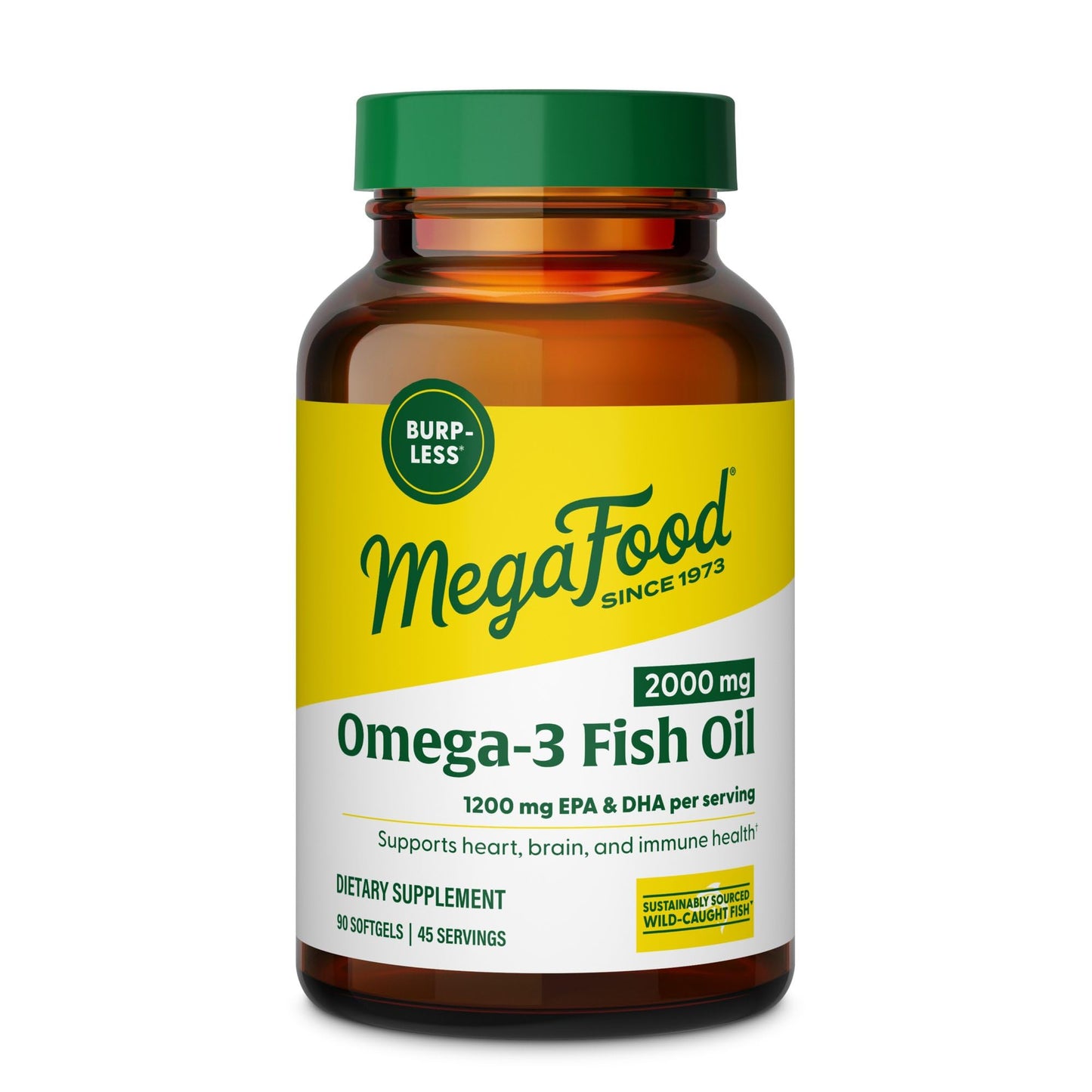 MegaFood 2000mg Fish Oil Omega-3 – Burp-Less & Lemon-Infused | 1200mg EPA & DHA per Serving | 90 Softgels, 45 Servings