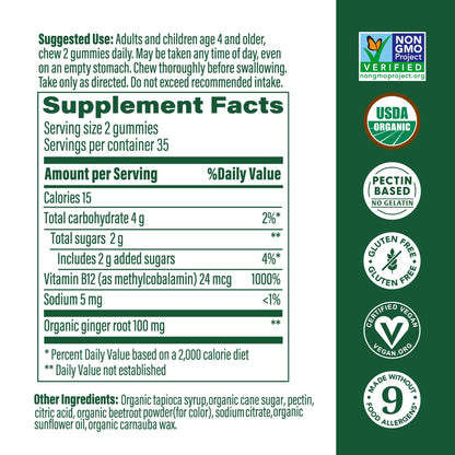 MegaFood Vitamin B12 Energy Gummies - Vegan Methyl B12, Ginger - USDA Organic - 70 Gummies