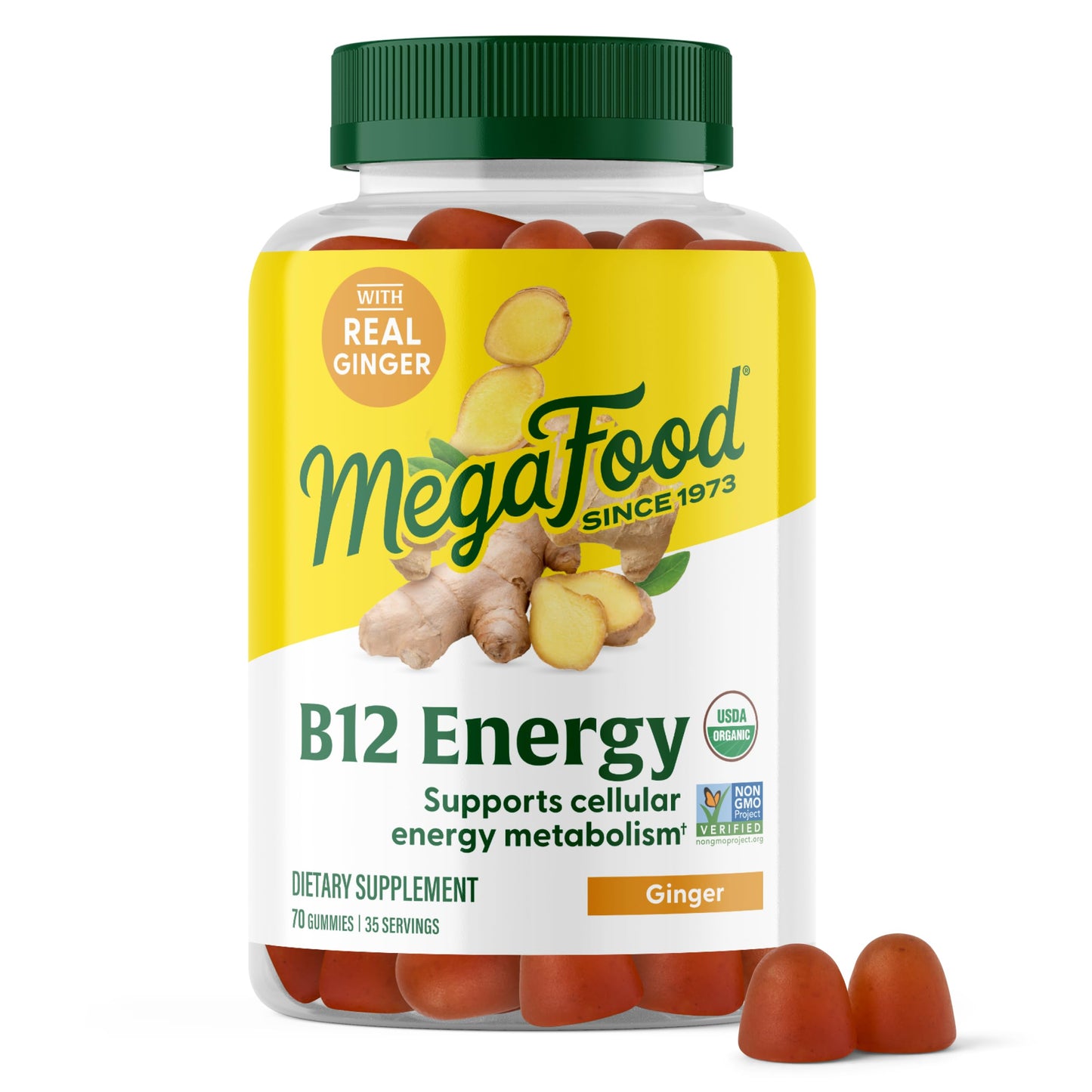 MegaFood Vitamin B12 Energy Gummies - Vegan Methyl B12, Ginger - USDA Organic - 70 Gummies