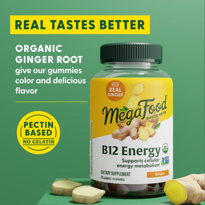 MegaFood Vitamin B12 Energy Gummies - Vegan Methyl B12, Ginger - USDA Organic - 70 Gummies