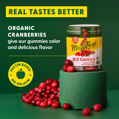 MegaFood B12 Energy Gummies – Vegan Methyl B12, Cranberry, USDA Organic