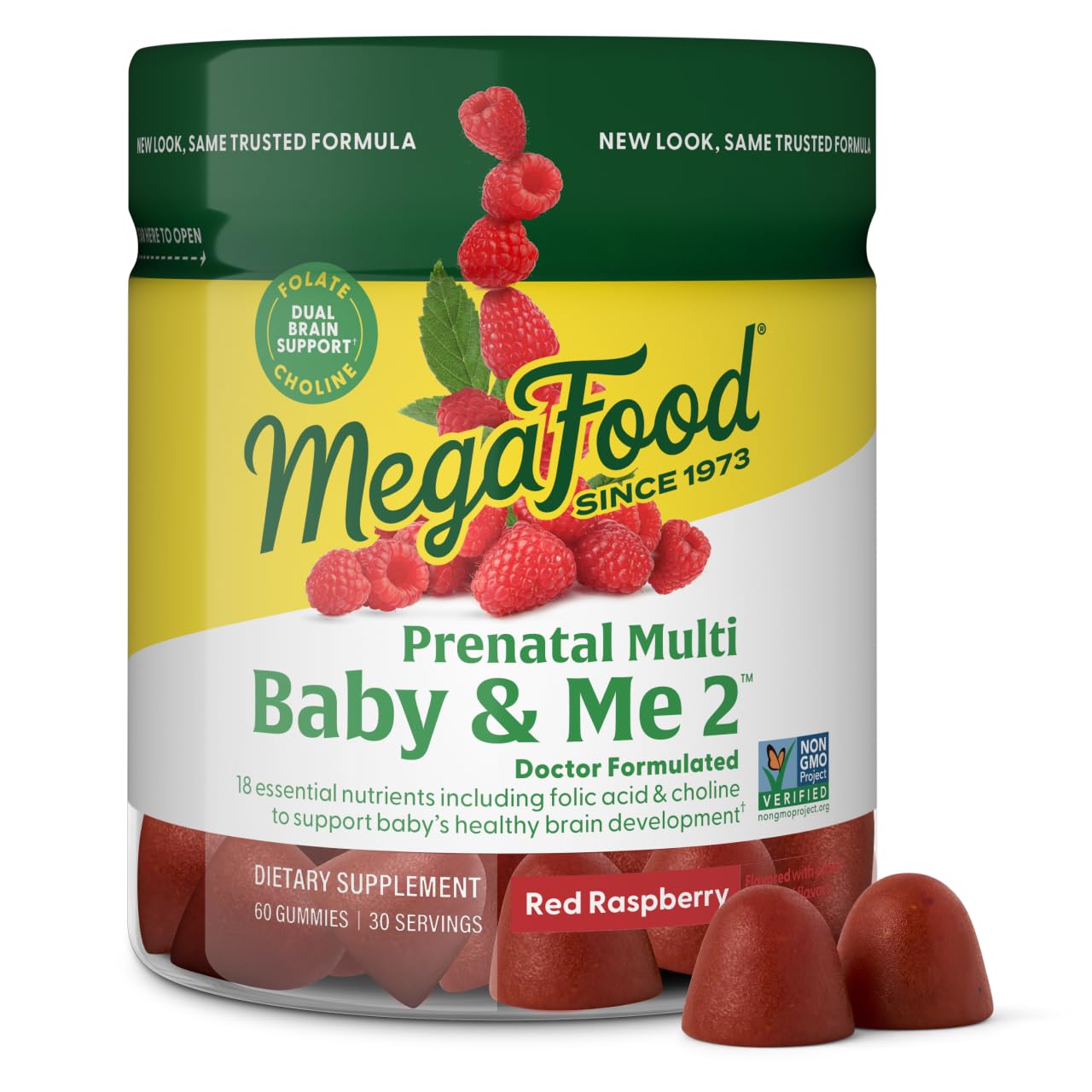 MegaFood Baby & Me 2 Prenatal Gummies – Folic Acid, Choline, Red Raspberry, 60 Gummies