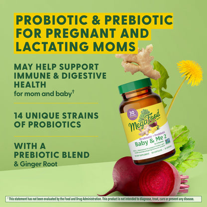 MegaFood Baby & Me 2 Prenatal Probiotics – 30B CFU, Vegetarian, Non-GMO, 60 Caps