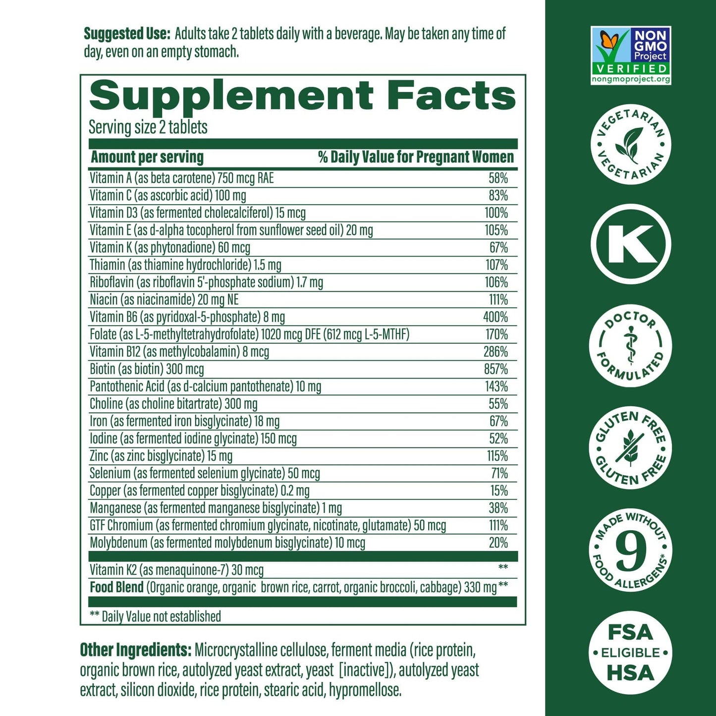 MegaFood Baby & Me 2 Prenatal Vitamins – Folate, Choline, Iron & Vitamin D | 120 Tabs (60 Servings)