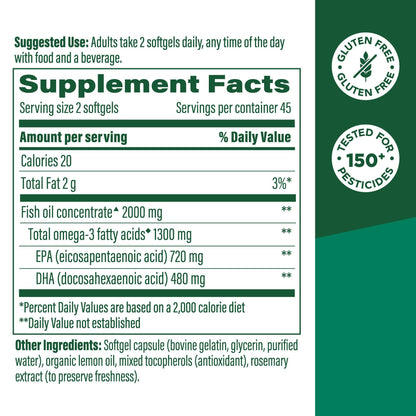 MegaFood 2000mg Fish Oil Omega-3 – Burp-Less & Lemon-Infused | 1200mg EPA & DHA per Serving | 90 Softgels, 45 Servings
