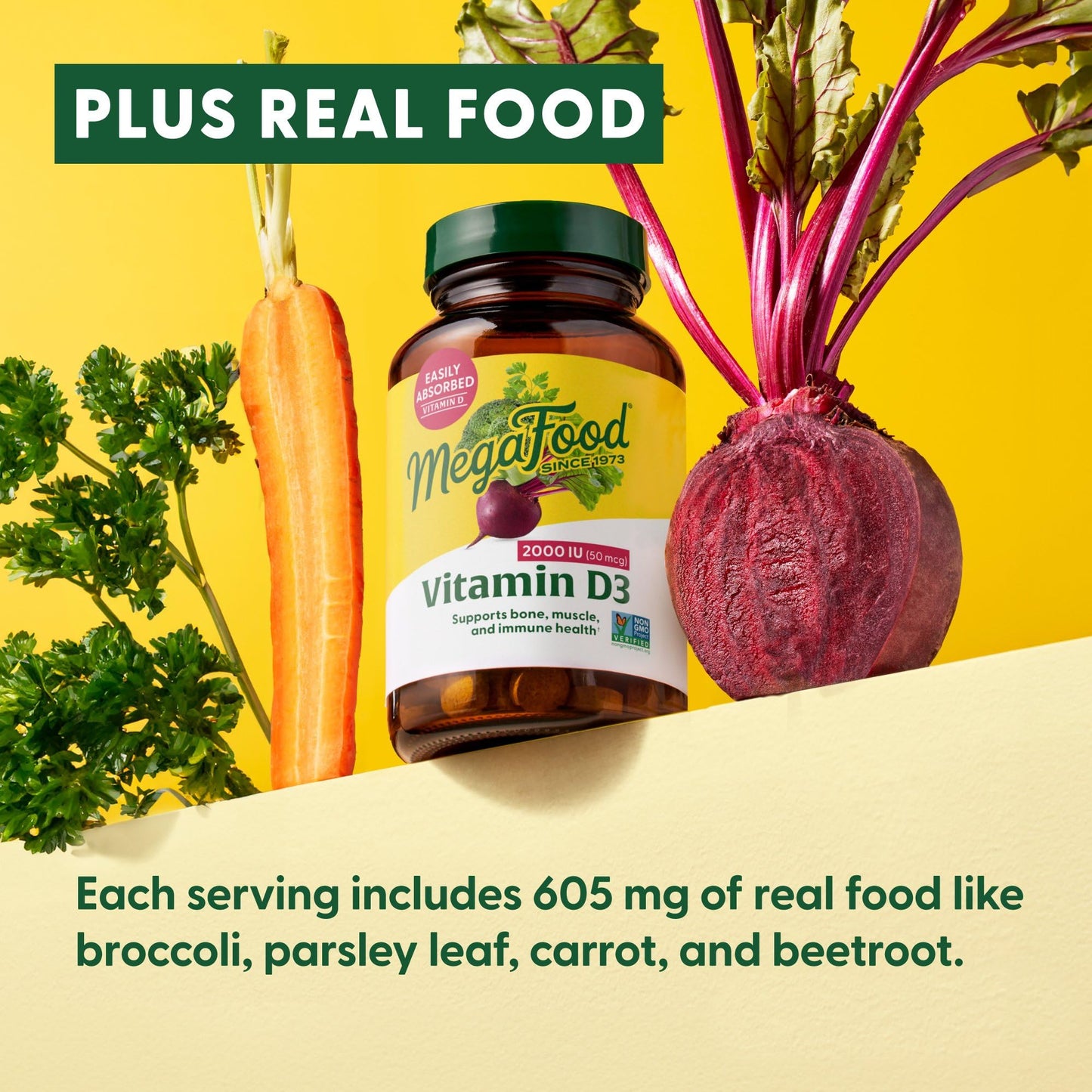 MegaFood Vitamin D3 2000 IU (50 mcg) – Real Food Vitamin D, Immune & Bone Support | Vegetarian, Non-GMO, Kosher | 90 Tablets