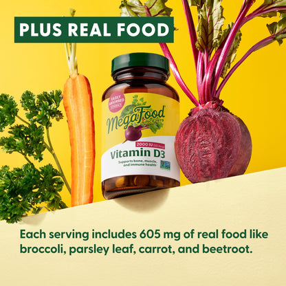 MegaFood Vitamin D3 2000 IU (50 mcg) – Real Food Vitamin D, Immune & Bone Support | Vegetarian, Non-GMO, Kosher | 90 Tablets