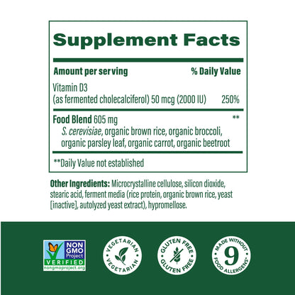 MegaFood Vitamin D3 2000 IU (50 mcg) – Real Food Vitamin D, Immune & Bone Support | Vegetarian, Non-GMO, Kosher | 90 Tablets
