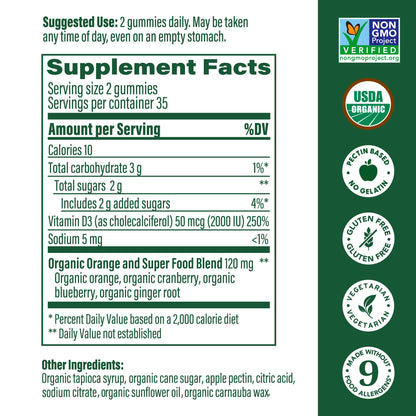 MegaFood Vitamin D3 Gummies 2000 IU (50 mcg) – Mixed Fruit, Vegetarian, Gluten-Free, USDA Organic | 70 Gummies