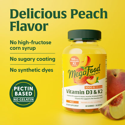 MegaFood Vitamin D3 K2 Gummies - 5000 IU D3, 100 mcg K2 | Peach Flavor, Vegetarian, 60 Gummies
