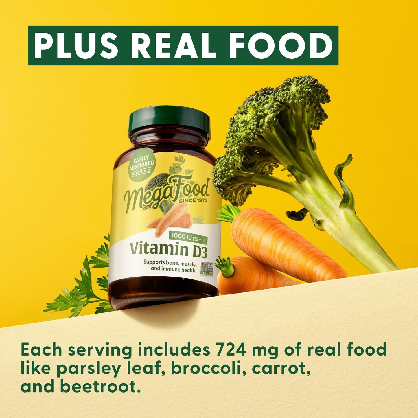 MegaFood Vitamin D3 1000 IU (25 mcg) – Real Food Vitamin D, Immune Support, Vegetarian, Gluten-Free, Non-GMO, 60 Tablets