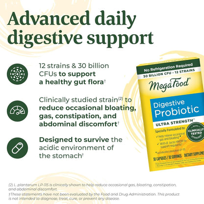 MegaFood Digestive Probiotic – 12 Strains, 30B CFU, 30 Vegetarian Capsules