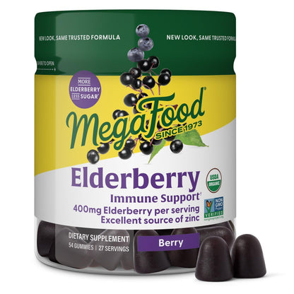 Megafood Elderberry Immune Support Gummies - Vegan, Real Food Zinc • USDA Organic & Gluten-Free | 54 Gummies