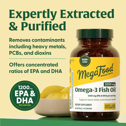 MegaFood 2000mg Fish Oil Omega-3 – Burp-Less & Lemon-Infused | 1200mg EPA & DHA per Serving | 90 Softgels, 45 Servings