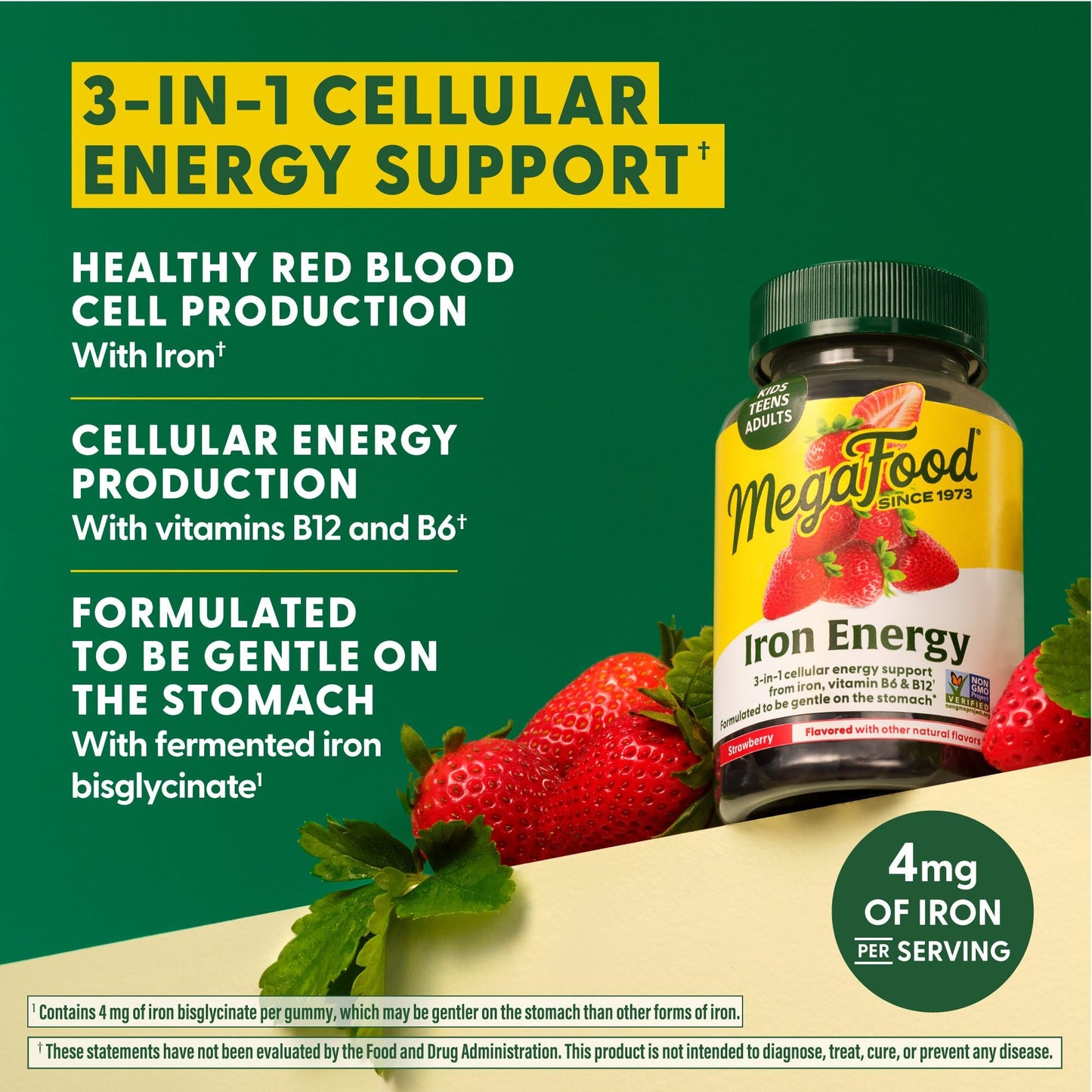 MegaFood Iron Energy Gummies – Iron + B12 & B6, Strawberry, 60 Count