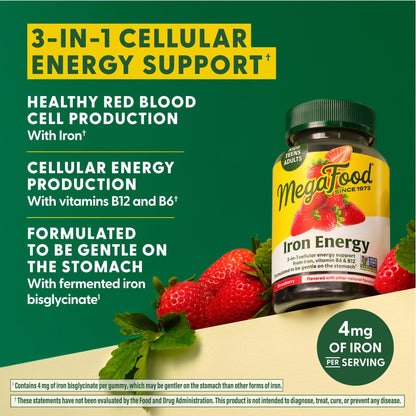 MegaFood Iron Energy Gummies – Iron + B12 & B6, Strawberry, 60 Count
