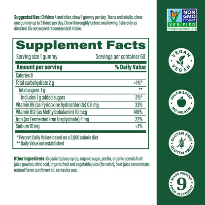 MegaFood Iron Energy Gummies – Iron + B12 & B6, Strawberry, 60 Count