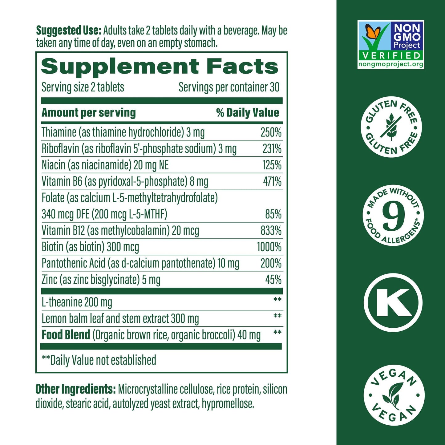 MegaFood L-Theanine & Vitamin B Complex – 200 mg, 60 Tablets