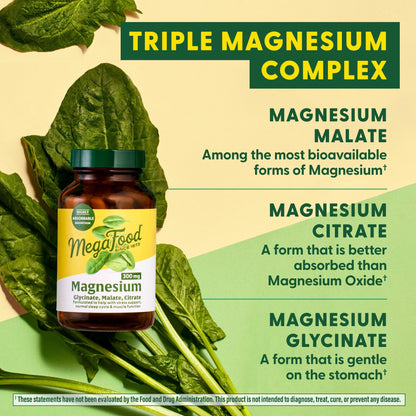 MegaFood Magnesium Glycinate, Citrate & Malate 300mg – Triple Magnesium Complex (60 Caps)