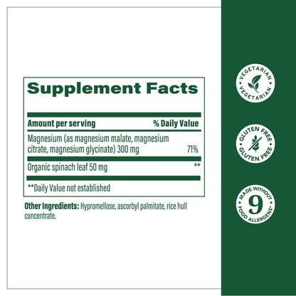 MegaFood Magnesium Glycinate, Citrate & Malate 300mg – Triple Magnesium Complex (60 Caps)