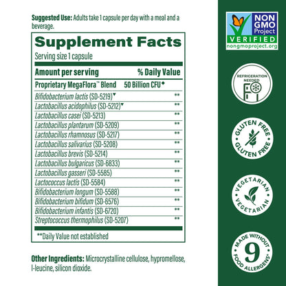 MegaFood MegaFlora Probiotic Plus – 50B CFU, 14 Strains | 30 Vegetarian Capsules