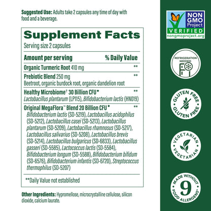 MegaFood MegaFlora Probiotics + Prebiotics Turmeric - Digestive Health, 50B CFU, 14 Strains, 60 Capsules