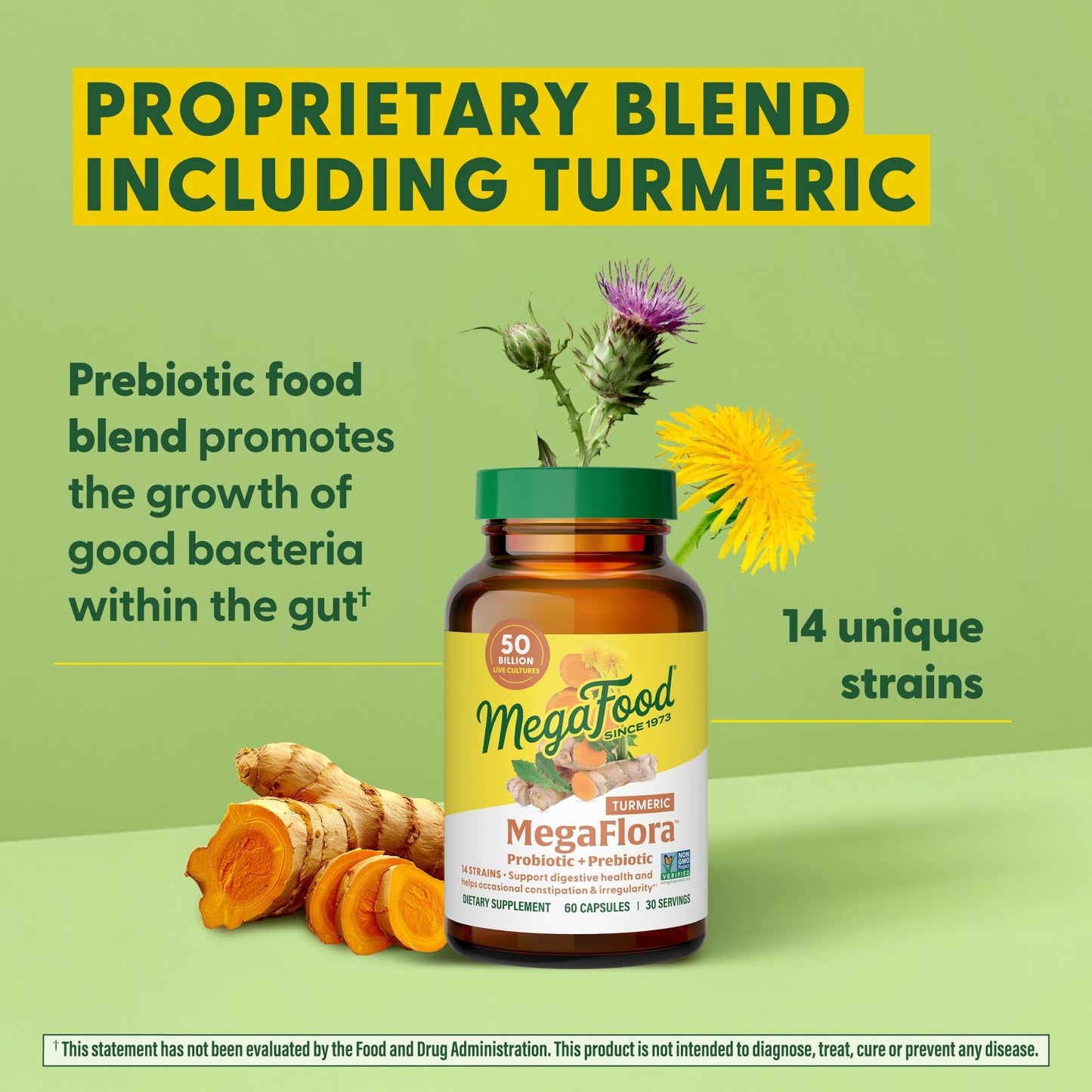 MegaFood MegaFlora Probiotics + Prebiotics Turmeric - Digestive Health, 50B CFU, 14 Strains, 60 Capsules