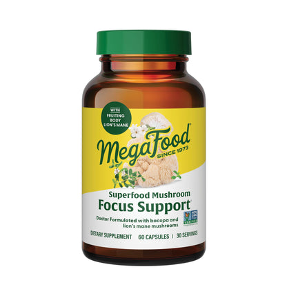 MegaFood Superfood Mushroom Focus Support – Doctor Formulated Lions Mane with Bacopa | Vegan, 60 Capsules
