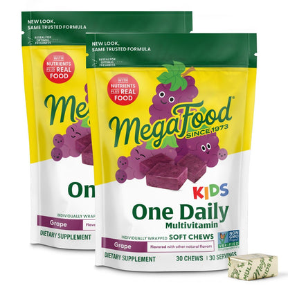 MegaFood One Daily Kids Multivitamin Soft Chews – Grape Flavor, 4+ | Vegetarian, 30 Chews, 2 Pack