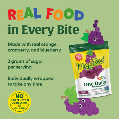 MegaFood One Daily Kids Multivitamin Soft Chews – Grape Flavor, 4+ | Vegetarian, 30 Chews, 2 Pack
