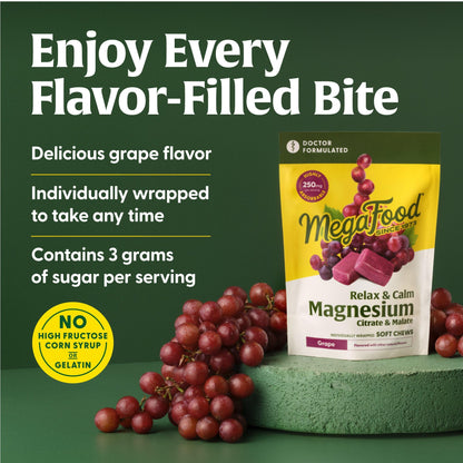 MegaFood Relax + Calm Magnesium Grape Soft Chews | 30 Chews (15 Servings)