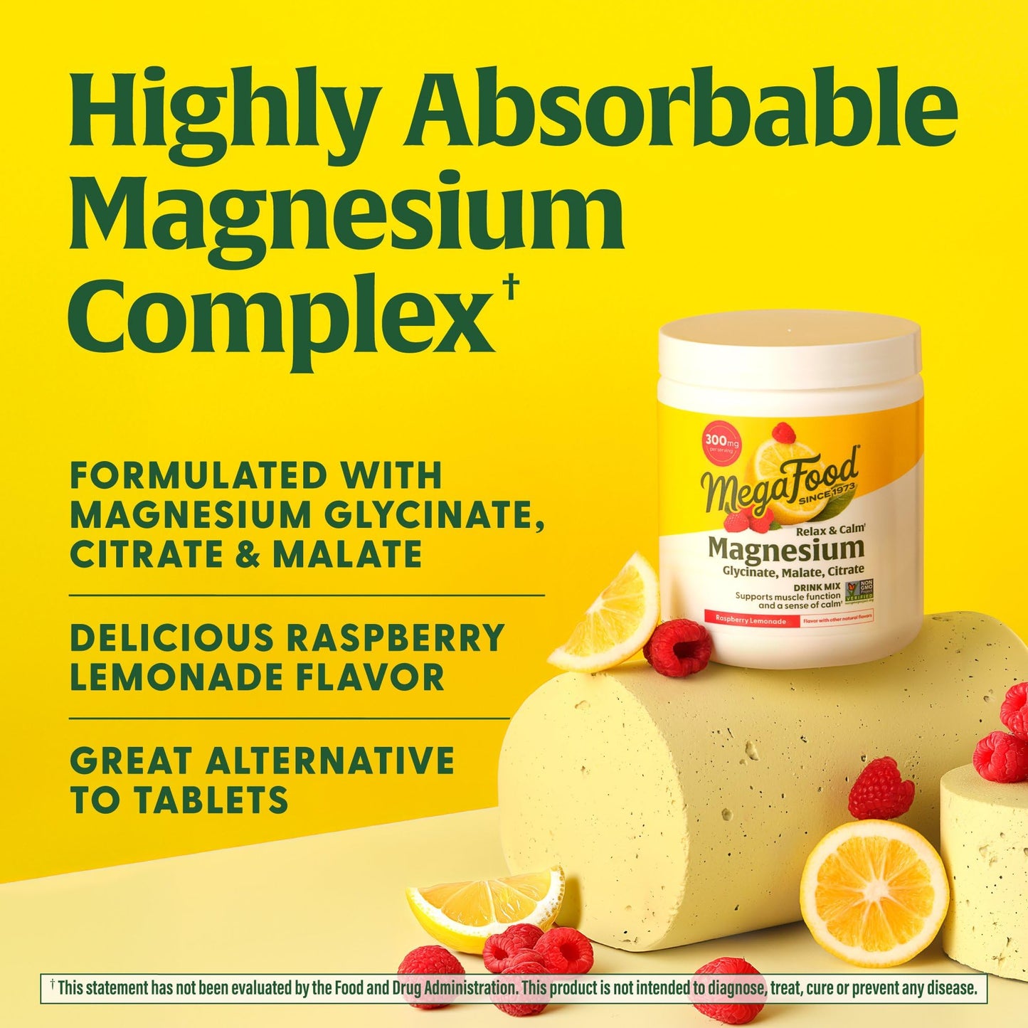 MegaFood Relax + Calm Magnesium Powder – Glycinate, Citrate & Malate, Raspberry Lemonade, 50 Servings
