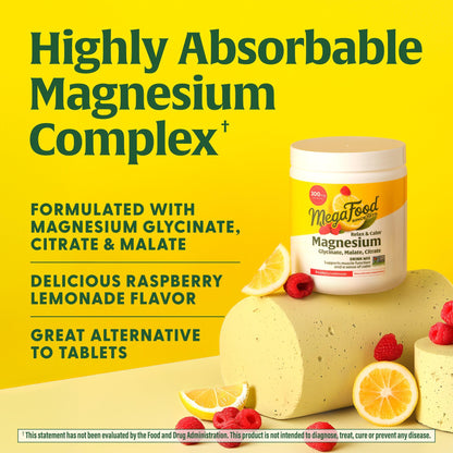 MegaFood Relax + Calm Magnesium Powder – Glycinate, Citrate & Malate, Raspberry Lemonade, 50 Servings