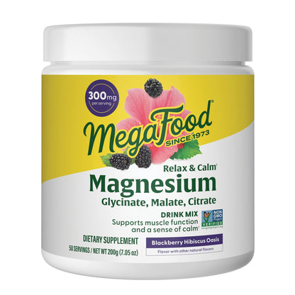 MegaFood Relax + Calm Magnesium Powder – 50 Servings (7.05 oz) | Glycinate, Citrate & Malate | Allergen-Free Blackberry Hibiscus Oasis