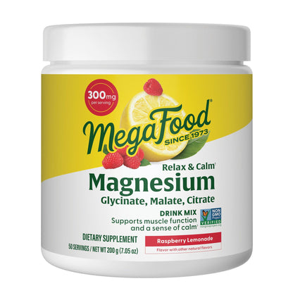 MegaFood Relax + Calm Magnesium Powder – Glycinate, Citrate & Malate, Raspberry Lemonade, 50 Servings