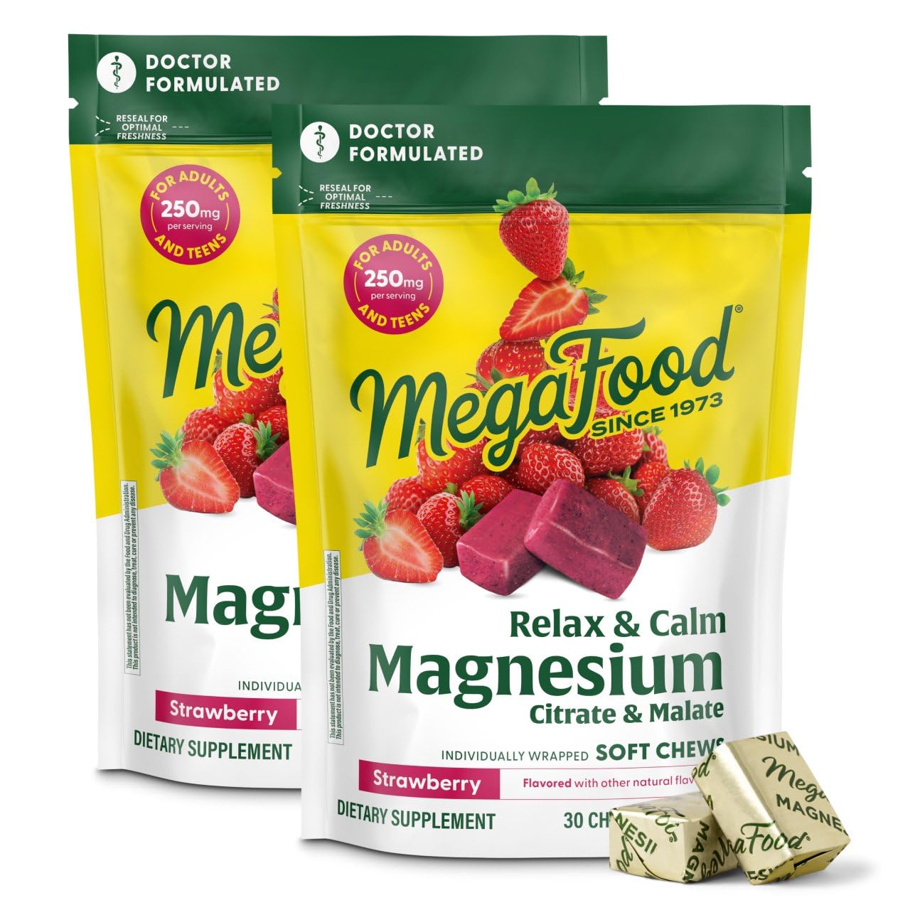 MegaFood Relax + Calm Magnesium Soft Chews – Strawberry, Citrate & Malate, 30 Chews